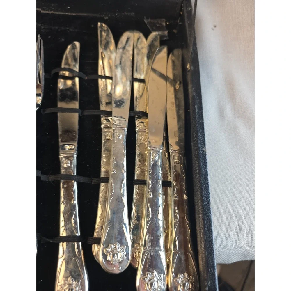 Vintage Davco Silver Plated Flatware Set Rose Floral Pattern 46 Piece with Case